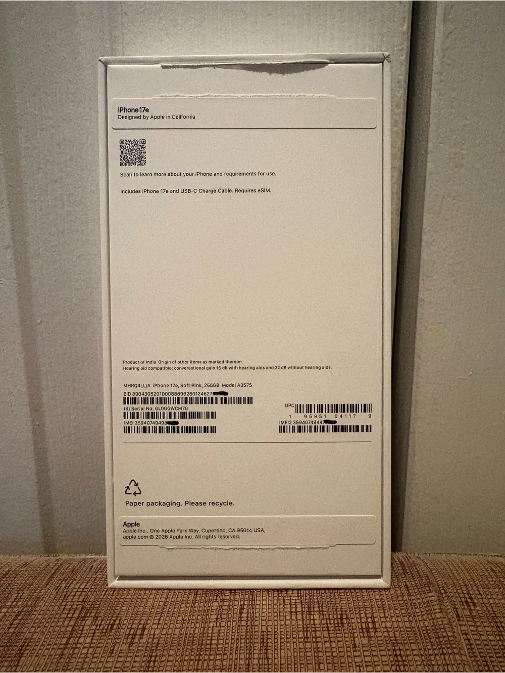 Apple iPhone 17e Soft Pink 256GB EMPTY BOX ONLY with manual.
